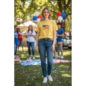 Cabin Creek T-Shirt Womens Size 10 Yellow USA Flag Graphic Crew Neck patriotic